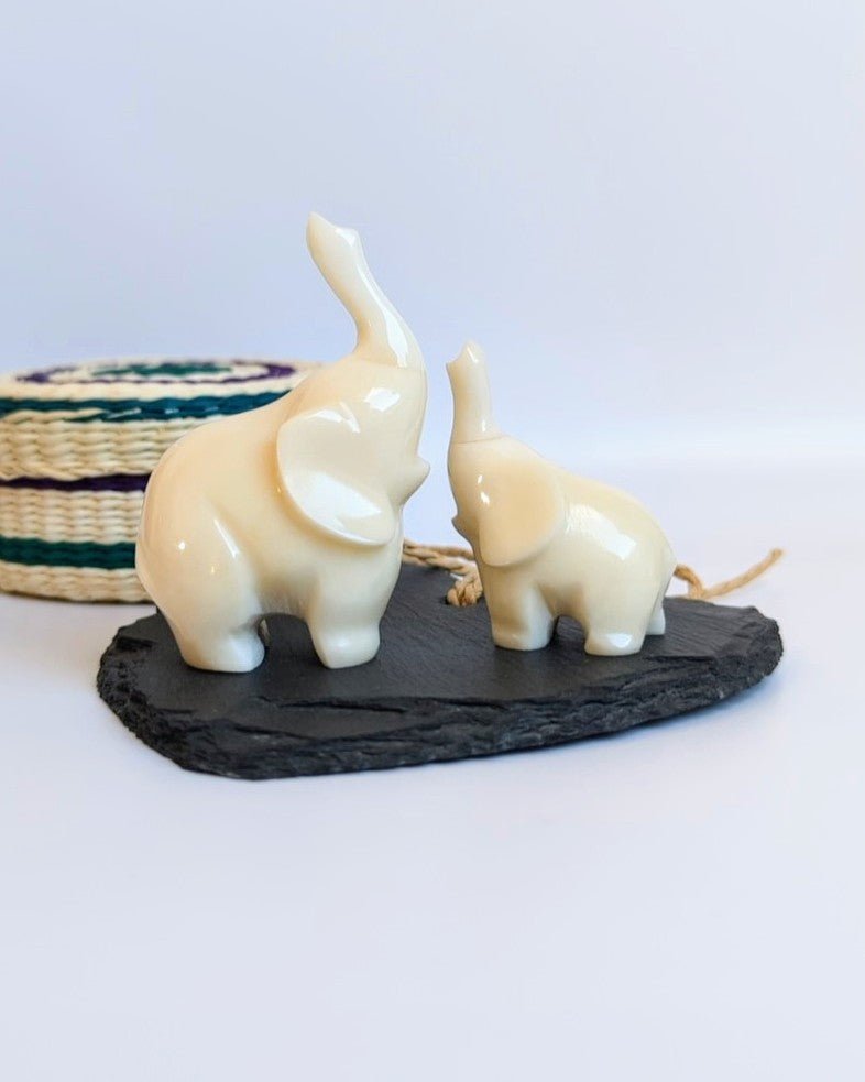 Mummy & Baby Elephant — Hand - carved Tagua Nut Figurines - The Happy Elephant - Tagua Jewellery