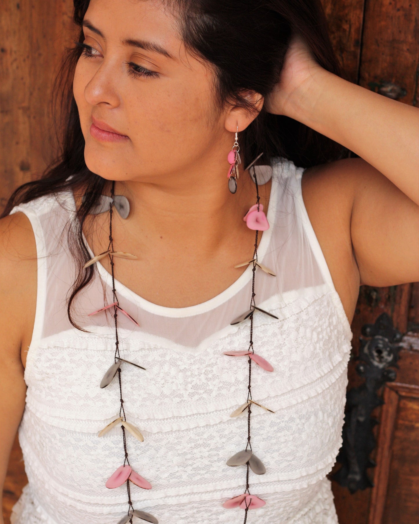 Andean Butterfly Tagua Necklace (Vegetable Ivory) Pink Grey White